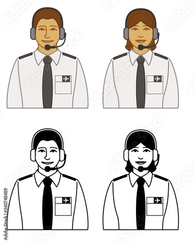 set of airport traffic controller and dispatcher vector icons male and female, wearing headset, isolated on a white background