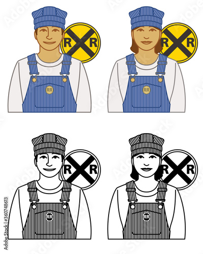 set of train rail engineer vector icons male and female, wearing striped overalls and cap, with railroad crossing icon isolated on a white background