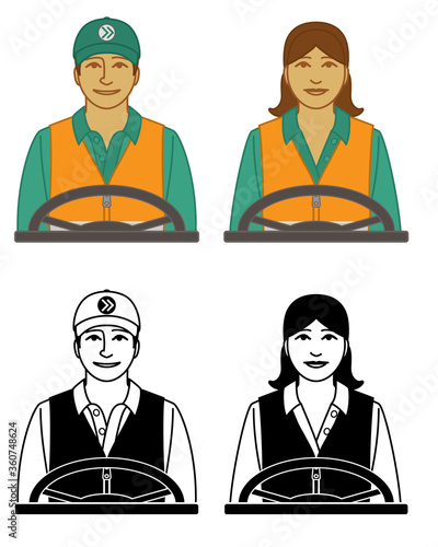 set of truck driver vector icons male and female, wearing orange safety vest with steering wheel, isolated on a white background