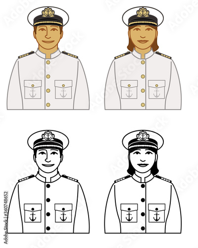 set of ship captain vector icons male and female, wearing white uniform, cap and epaulets, isolated on a white background