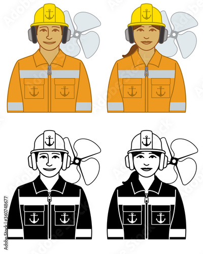 set of marine crew vector icons male and female, wearing hard hat, orange coveralls and headset with propeller icon, isolated on a white background