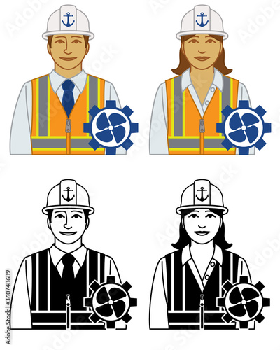 set of marine engineer vector icons male and female, wearing hardhat and safety vest with propeller icon, isolated on a white background
