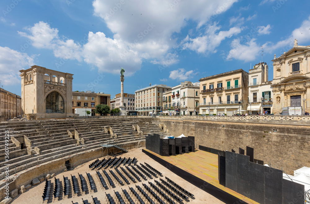panoramic view of Roman Amphiteatre in Sant Oronzo square in Lecce, Italy. Built in the 2nd century, this theatre was able to seat more than 25,000 people.