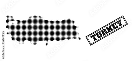 Halftone map of Turkey, and rubber seal stamp. Halftone map of Turkey generated with small black round pixels. Vector seal with grunge style, double framed rectangle, in black color.
