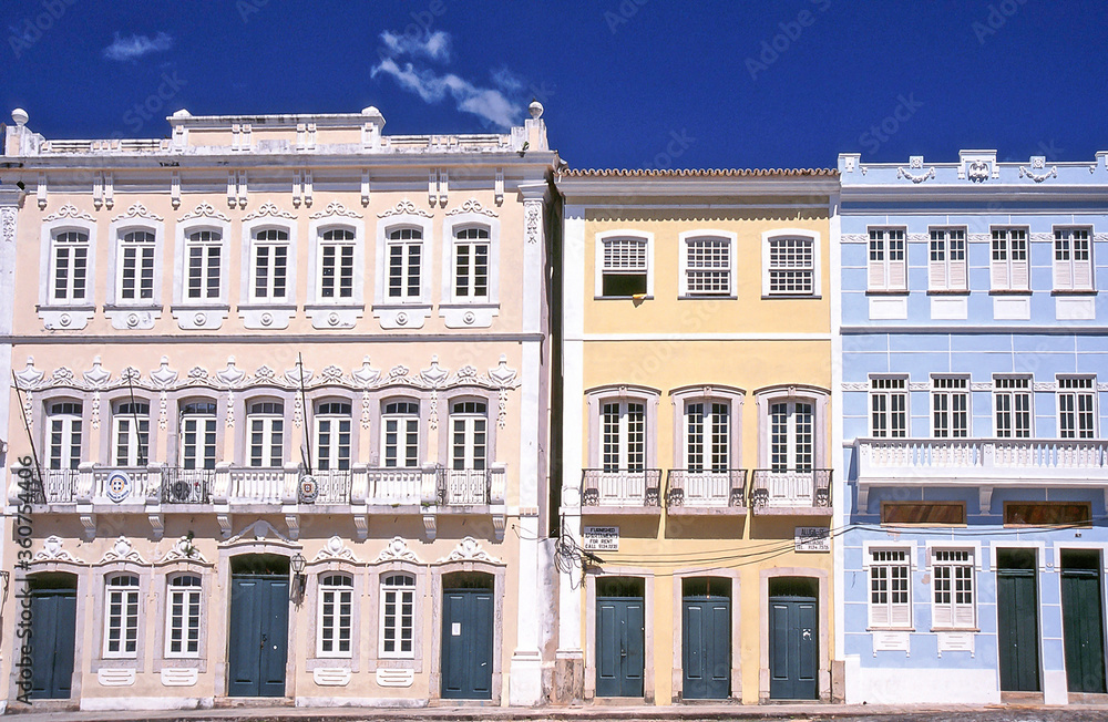 Facade of old buildings and houses in Pillory Borrow (Pelourinho) in the Historical Squre in Salvador City. Bahia