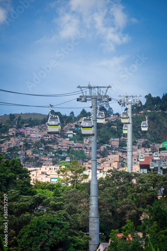 Medellin, Antioquia / Colombia. October 28, 2018. Line M of the Medellín Metro is a cable car line used as a medium-capacity mass transportation system. It was inaugurated on February 28, 2019.