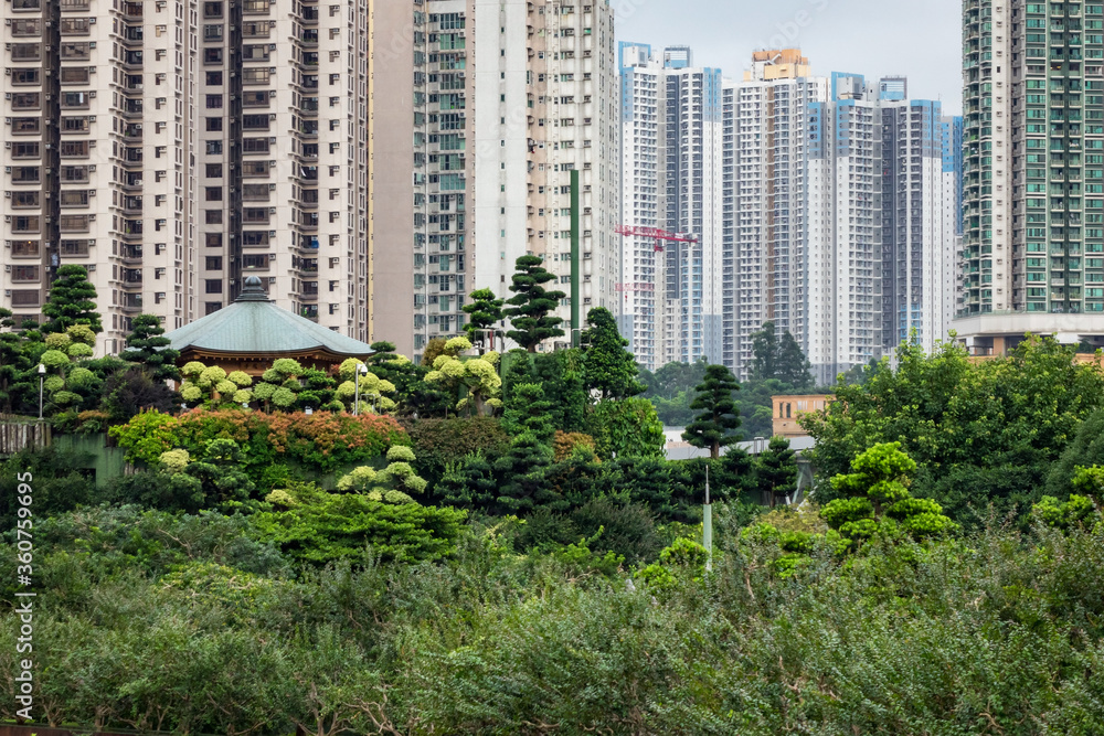Fototapeta premium A park and woodland surrounded by residential areas in Hong Kong City, China