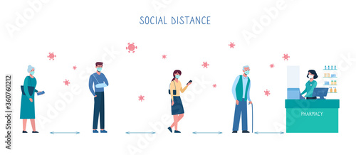 queue in a pharmacy, safe social distance. Several people standing in line and keep social distance, so as not to spread virus, COVID-19. Men and women, bacteria. Vector illustration, flat, isolated