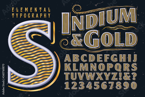 An Elegant and Ornate Vector Font with Gold Stripe Effects. This Alphabet Would Work Well on Labels and Vintage Style Product Packaging