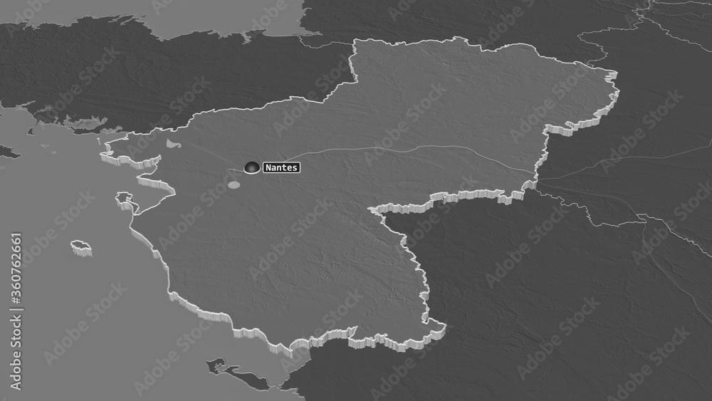Pays de la Loire, France - extruded with capital. Bilevel Pays de la Loire, France - extruded with capital. Bilevel