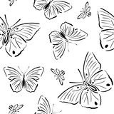 Cute insects - butterflies, bumblebee. Seamless pattern beetles. Black graphic lines, cartoon sketch, abstract. Design elements for logo, cards, stickers, fabric and textile. White isolated background