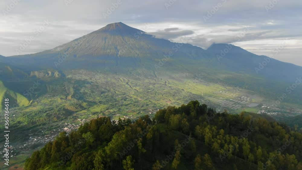 Aerial View Move away shot, Pergasinan Hill Trees, Mount Rinjani in the background. Aerial View Move away shot, Pergasinan Hill Trees, Mount Rinjani in the background.