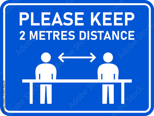 Please Keep 2 Metres Distance Horizontal Warning Sign Showing Socially Distancing Workers While Working, with an Aspect Ratio of 4:3 and Rounded Corners. Vector Image.