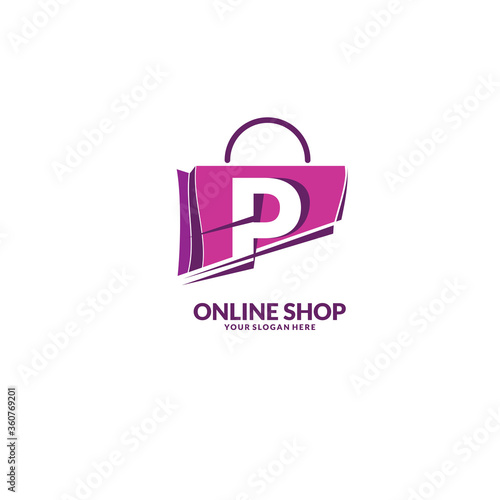 online shopping logo , abstract purple bag with letter p