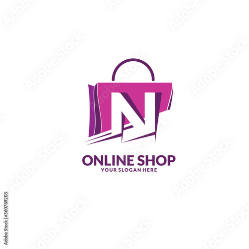 online shopping logo , abstract purple bag with letter n