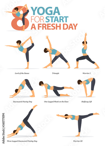 8 Yoga poses for workout to start a fresh day concept. Woman exercising for body stretching. Yoga posture or asana for fitness infographic. Flat cartoon vector.