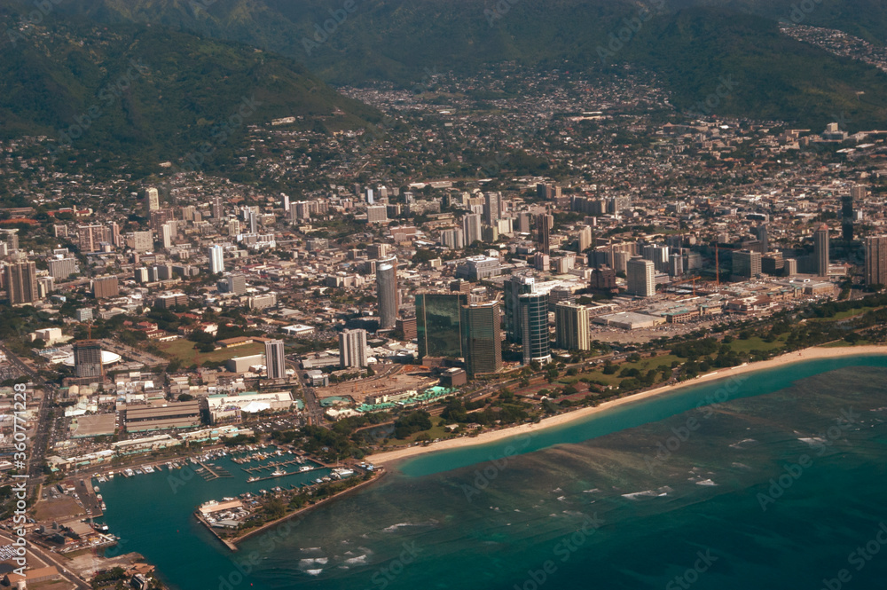 aerial view of Ala Moana Beach Park & Kewalo Basin Harbor, Honolulu, Oahu, Hawaii