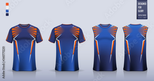 T-shirt mockup or sport shirt template design for soccer jersey or football kit. Tank top for basketball jersey or running singlet. Blue sport uniform in front view back view. Vector Illustration.
