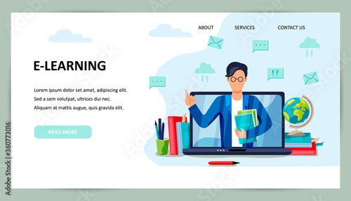 Online education, home schooling concept. Male teacher on laptop screen. Place for text. Website design. Flat cartoon style design vector illustration.
