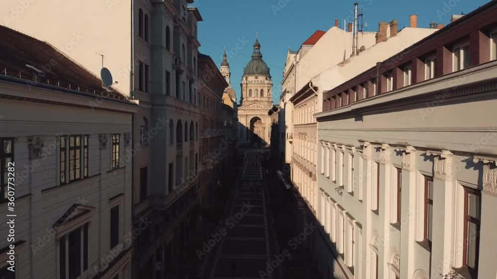 Aerial forward shot between historic architectures towards St. Stephen's Basilica, Budapest Aerial forward shot between historic architectures towards St. Stephen's Basilica, Budapest