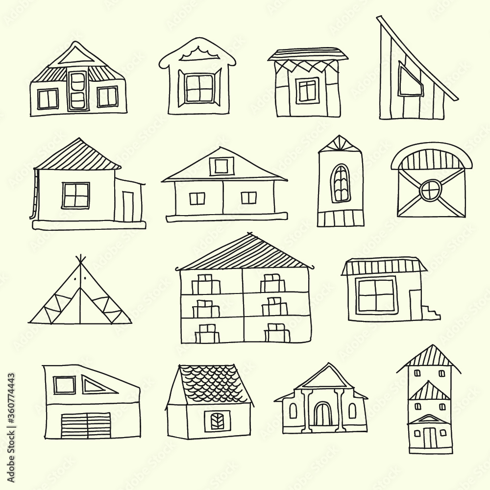 Vector set of simple contour drawings of stylized houses in different countries
