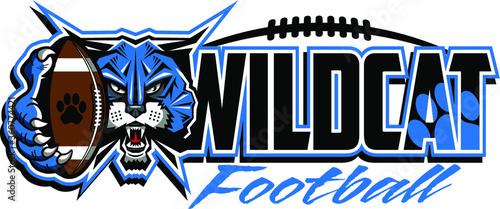 wildcat football team design with mascot holding ball for school, college or league photo
