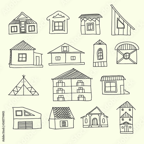 Vector set of simple contour drawings of stylized houses in different countries