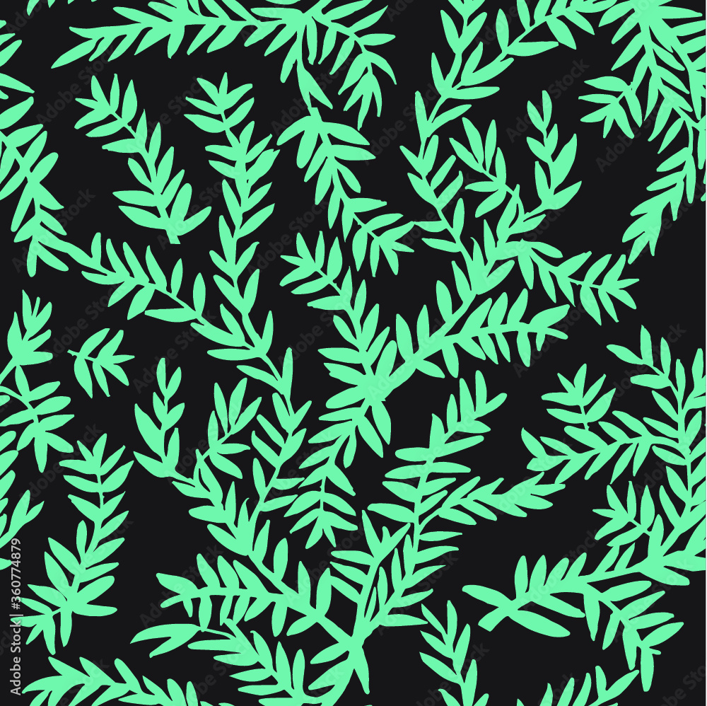 Seamless pattern of graphic leaves on a black background