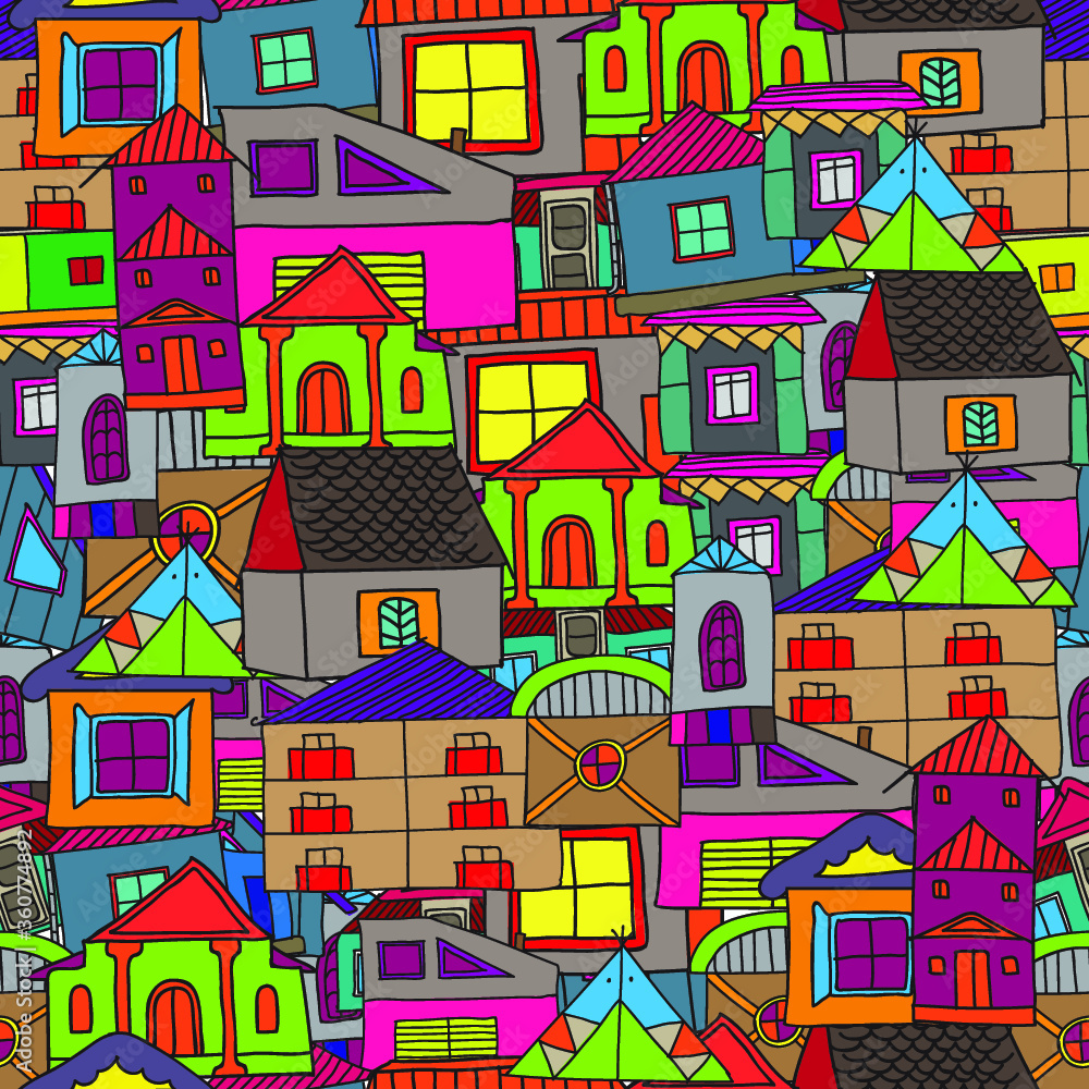 Seamless pattern with bright colored houses