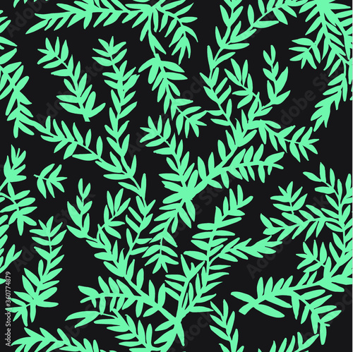 Seamless pattern of graphic leaves on a black background