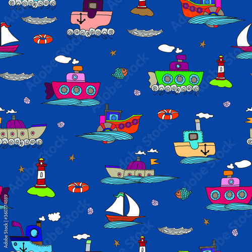 Seamless pattern river sea water transport ships