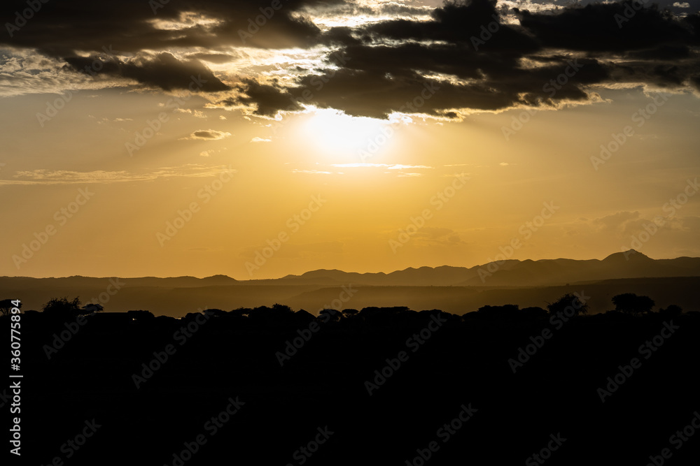 Céu amarelo em entardecer na Savana Africana da Tanzania no parque nacional do Serengeti Céu amarelo em entardecer na Savana Africana da Tanzania no parque nacional do Serengeti
