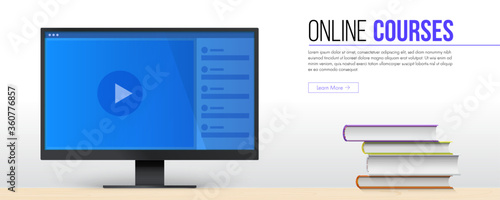 Online courses concept. Educational training programs on internet. Computer monitor and stack of books. Vector template for banners, website headers. 3d illustration.
