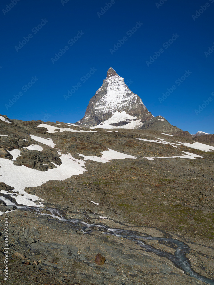 Matterhorn mountain in the Pennine Alps on the border between Switzerland and Italy. Its summit is 4,478 metres (14,692 ft) high, making it one of the highest peaks in the Alps