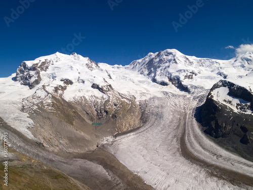 The Gorner Glacier, a valley glacier on the west side of the Monte Rosa Massif, close to Zermatt, Switzerland. It was the second largest glacial system in the Alps after the Aletsch Glacier system.