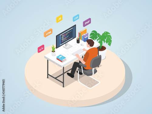 Man working on laptop programming coding website web mobile landing page template banner with isometric 3d flat style Vector illustration.