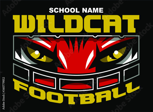 wildcat football team design with mascot wearing facemask for school, college or league