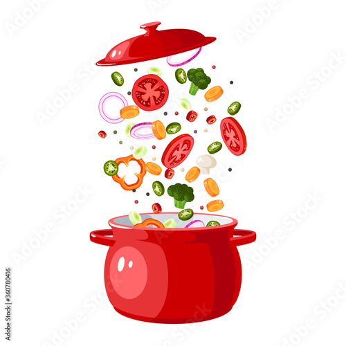 Food preparation. Sliced vegetables in red saucepan with lid. Kitchen utensil. Vector illustration cartoon flat icon isolated on white background.