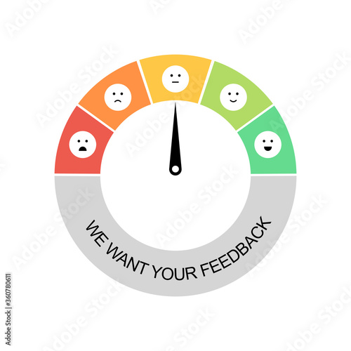 We want your feedback concept vector illustration on white background. Emotion scale in flat design. Customer service opinion and review.
