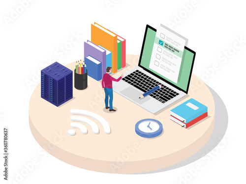 High school university student take online exam using laptop answer question lesson quiz limited time with isometric isometry 3d flat cartoon style.