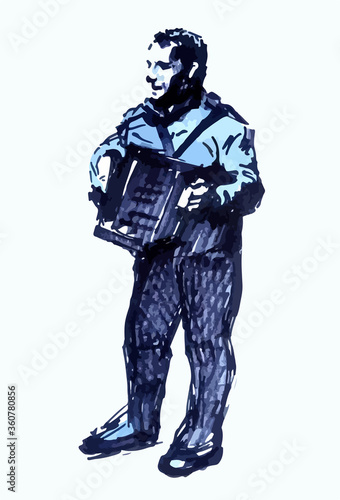 Sketch of a musician. Accordion player. Figurative drawing