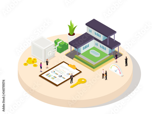 People broker agent buy property building apartment house for resale at higher price to make profit with isometric 3d flat cartoon style.