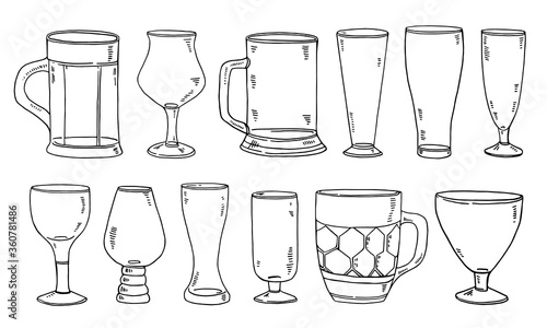 Set of different beer glasses and mugs. Hand drawn outline vector sketch illustration. Isolated black on white background