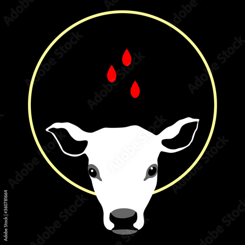 Calf as saint martyr. Cow head in halo nimbus ad drops of blood. Humane treatment of animals. Creative concept.