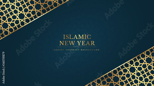 Islamic New Year Happy Muharram Abstract Blue Background in Golden Ornamental Elegant Style