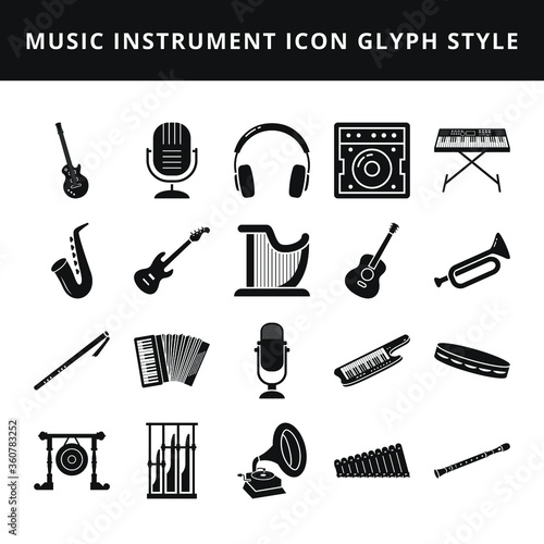 Music Instrument Icon Set Glyph Style. Accessories Music Equipment Vector Collection. Flat Icon Black Solid