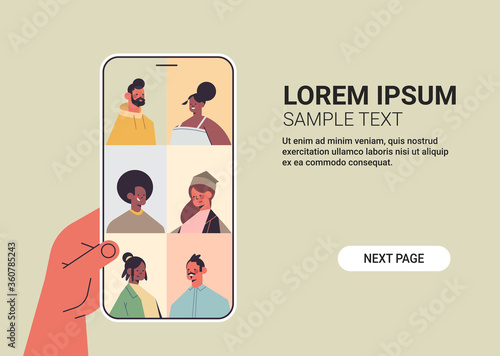 human hand using smartphone chatting with mix race friends during video call people having virtual live conference communication self isolation concept horizontal copy space vector illustration