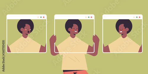 man holding screens with different masks guy covering face emotions fake feeling depression mental disorder concept portrait horizontal vector illustration