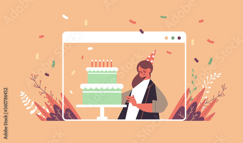 woman in funny festive hat celebrating online birthday party girl in computer window blowing cake candles celebration self isolation quarantine concept portrait horizontal vector illustration