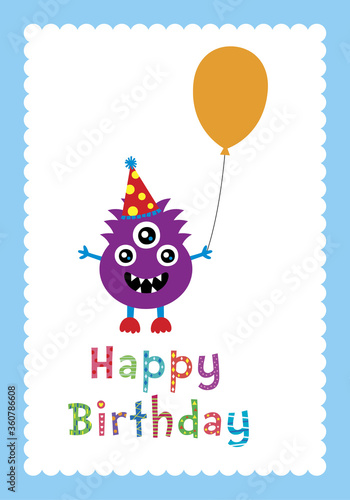 cute monster happy birthday greeting card vector